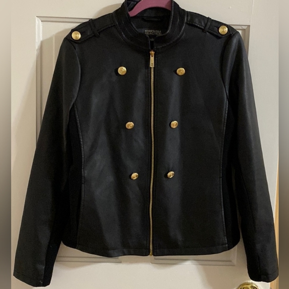Kenneth Cole Faux Black Zipper leather jacket. Epaulettes, gold buttons L NWT